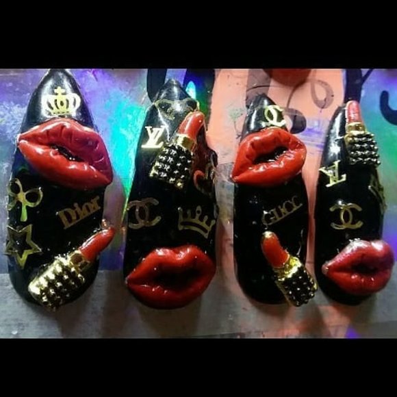 Handmade Hard Gel Long Stiletto "Designer Logo" Press On Nails - Picture 2 of 4